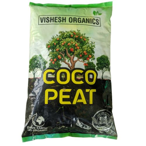 Vishesh Organics Coco Peat packaging with a tree and soil illustration on a white background